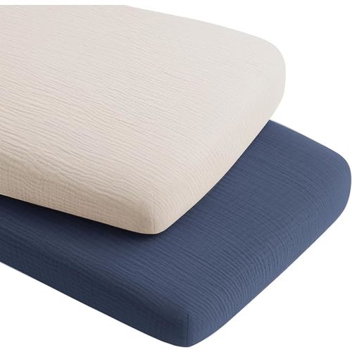 Konssy 2 Pack Muslin Bassinet Sheets for Boys, Girls, 100% Cotton Soft Breathable Fitted Bassinet Mattress Sheet, 33 x 21 inches (Navy,Cream)