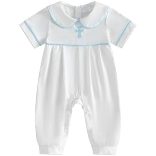 Suolongsama Baby Boy Girl Baptism Outfit Doll Collar Cross Embroidery Romper Smocked Jumpsuit Cute Summer Christening Clothes
