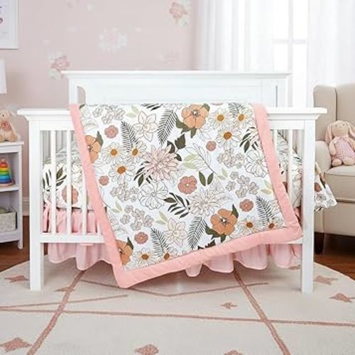 4-Piece Crib Bedding Set for Girls, Pink Baby Girl Bedding Set with Super Soft Crib Skirt, Reversible Baby Quilt, Crib Sheet and Diaper Stacker, Daisy Flower