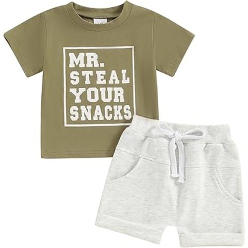 Toddler Baby Boy Summer Clothes Short Sleeve Letter Print Stripe T-Shirt with Elastic Waist Shorts Set Summer Outfit