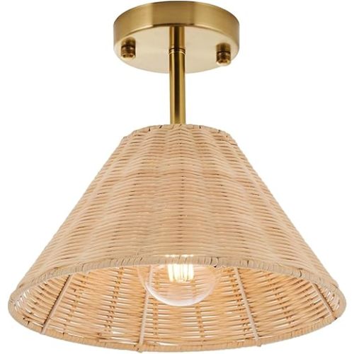 Boho Gold Semi Flush Mount Ceiling Light, Farmhouse Rattan Ceiling Light Fixture with Hand-Woven Natural Cage Shade, Modern Mini Chandelier Rustic Retro Lights for Bedroom Hallway Entryway Dining Room