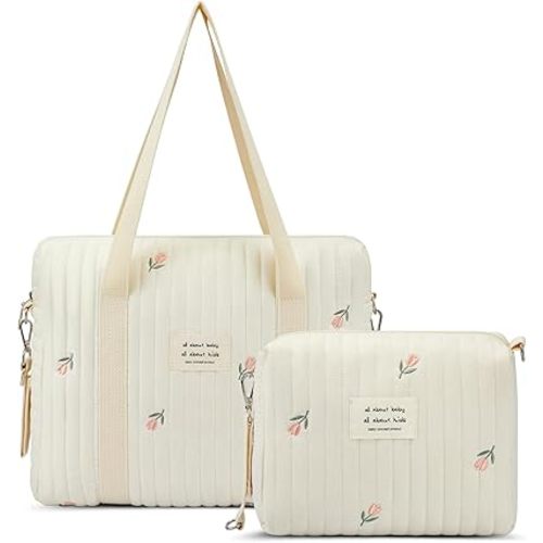 Paterr 2pcs Quilted Diaper Bag Tote Set Multifunction Cotton Maternity Hospital Bag Overnight Travel Handbag for Women Nurse
