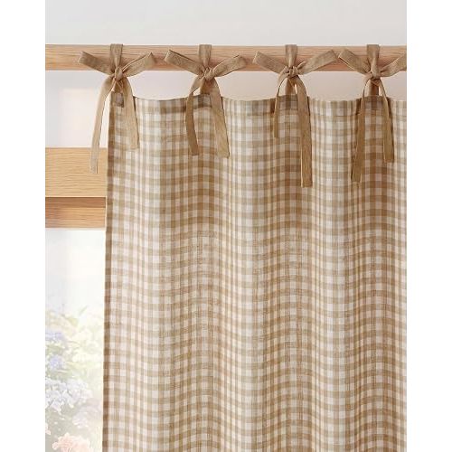 NICETOWN Linen Blend Taupe Gingham Curtains, Tie Top Bow Knot Home Decor Checkered Drapes Farmhouse Semi Sheer Plaid Window Treatments Light Filtering for Bedroom, 2 Panels, W52 x L84