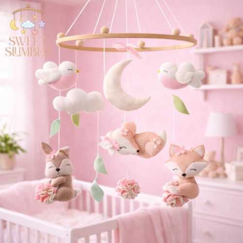 Pink Woodland Baby Mobile | Sleeping Fox And Birds | Moon, Clouds & Flowers | Nursery Crib Decor