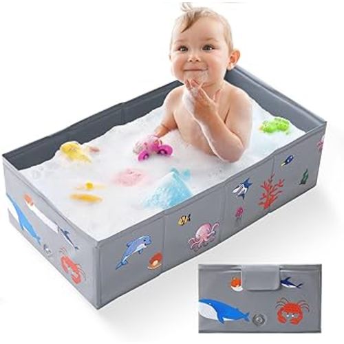 Portable Foldable Baby Bathtub with Drain Plug, 30" L x 15.2" W x 8.6" H Kids Travel Tub, Converts Shower to Tub, No Assembly Folds Flat for Storage, for Infant Toddler 6M-5 Years