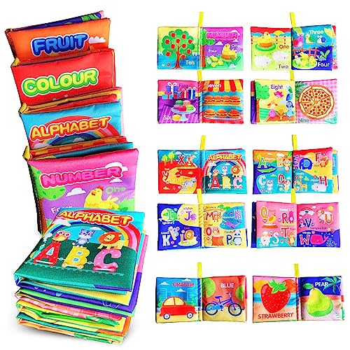 AMINFUN Soft Cloth Baby Book Toy 0-6 Months, Baby Learning Book(ABC-Z,1-10,Colour,Fruit,4 Pack),Touch and Feel Crinkle Infants 6-18 Months,Early Educational Toy 0-3, Gift for Babies Infants