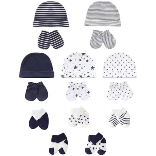 Baby Hats Mittens and Socks Set Soft Cotton Newborn Hat Glove for Boys Girls 0-6 Month