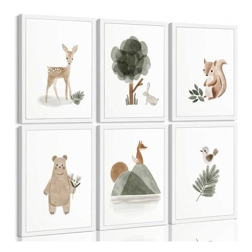 6 Pieces Woodland Nursery Canvas Wall Art Neutral Sage Green Bohemian Minimalist Forest Animals Paintings Pictures Wall Decor Poster Print Artwork For Kids Room Baby Room Boys Girls Bedroom Frameless