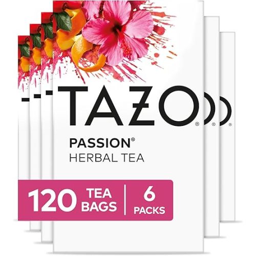 TAZO Passion Herbal Tea Bags 120-Count Caffeine-Free Tropical Blend with Hibiscus Flowers Orange Peel Licorice Root Rose Hips Cinnamon Lemongrass Hot or Iced 6-Pack