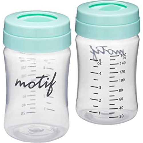 Motif Medical Breast Milk Storage Bottles for Luna Breast Pump - Durable Plastic Breastfeeding Essentials w/Locking Rings, Lids & Nipple Caps - Breast Milk Container (Set of 2, 160 ml)
