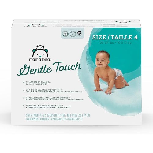 Amazon Brand - Mama Bear Gentle Touch Baby Diapers, Size 3, 168 Count (4 packs of 42), Leakproof, Keeps Baby Dry, Skin Safe, Formulated without Fragrance with Wetness Indicator