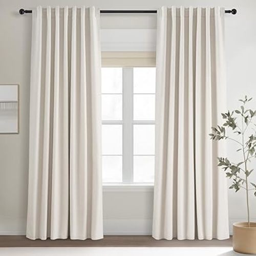 Topfinel Cream Linen Blackout Curtains 84 Inch Long for Bedroom Living Room, Ivory Pinch Pleat Back Tab Full Blackout Drapes Farmhouse Boho Curtains for Window, White Neutral Curtains 52" X 84" 7 FT