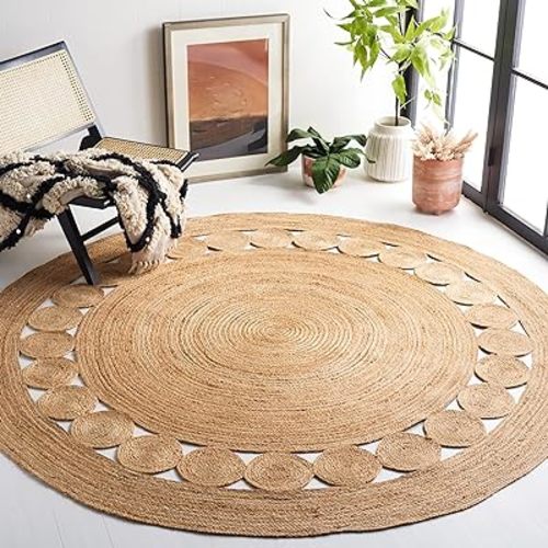 SAFAVIEH Area Rug 4' Round - Natural Fiber Collection - Natural Brown, Handmade Jute, Boho Farmhouse Braided Design (NF364A)