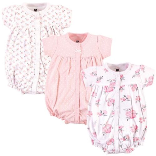 Hudson Baby Infant Girl Cotton Rompers 3pk, Pink Floral, 9-12 Months