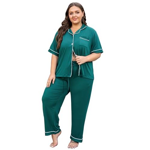 Vozanet Women's Plus Size Pajamas Button Down Shirt and Pants Soft Lounge Sets Bride Nighty Bottom with Pockets 1x to 5x