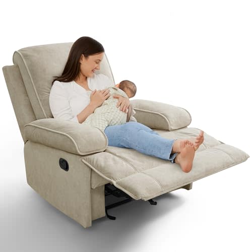 YuuYee Nursery Rocking Chairs,Velvet Rocker Recliner Nursing Chair,Oversized Nursery Recliner Glider Chair with Extra Wide Footrest for Breastfeeding,Beige