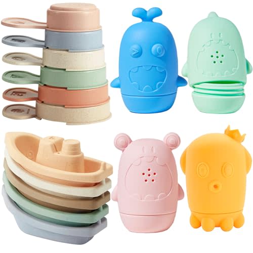 Baby Bath Toys for Kids Ages 1-3, 15 PCS Mold Free Bath Toys Toddlers 2-4, Baby Bathtub Pool Water Table Toys, Silicone Bath Toy for Babies 6-12 Months & Bath Boats Spoons, Baby Shower & Birthday Gift