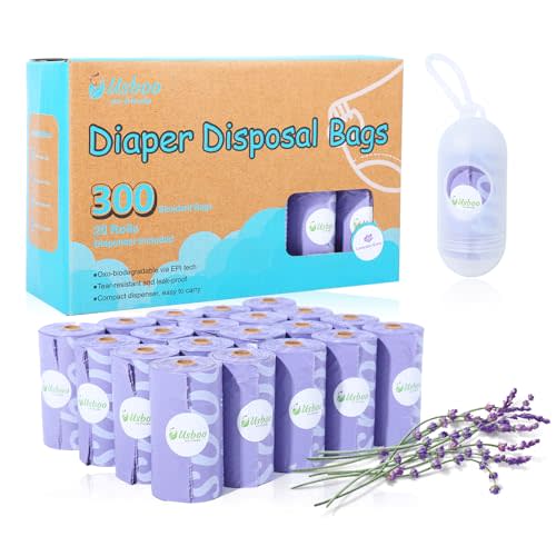 USBOO Disposable Diaper Bags for Baby, 20 Refill Rolls (300 Pack),Baby Poop Bags with Dispenser, Essential for Travel and Quick Change on The Go, Purple and Lavender Scented