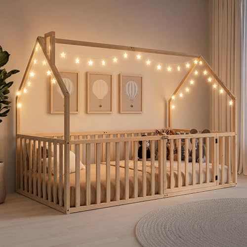 Comfy Cubs Kids House Gated Floor Bed Twin Size – 100% Pinewood Montessori Floor Bed with Safety Enclosure for Children Aged 5+, Fun Kids Playhouse Design for Sleep & Play - Natural Wood