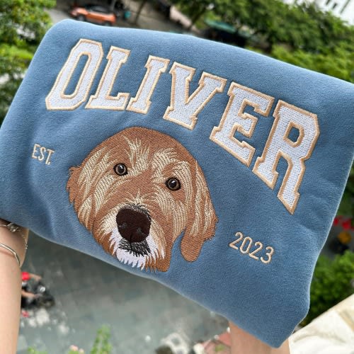 Custom Pet Portrait Embroidered Sweatshirt, Embroidered Dog Varsity Crewneck, Custom Dog Face Embroidered Hoodie From Photo