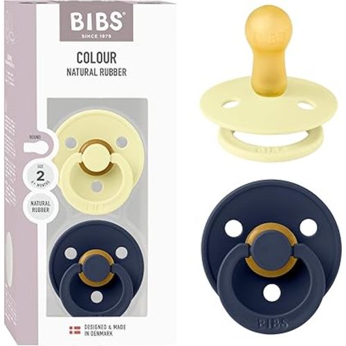BIBS Colour Pacifier 2-Pack, BPA Free, Round Nipple. Natural Rubber Latex, Size 2 (6-18 Months) - Luna/Deep Space
