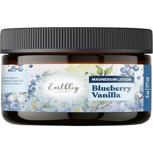Earthley Wellness, Magnesium Lotion, Parent's Picks Award-Winner, Cream for Promoting Relaxation, Rest & Muscle Recovery, Natural, Non-Itchy, Fast-Absorbing Formula (6oz, Blueberry Vanilla)