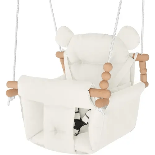 Baby Swing Indoor Outdoor, Secure Canvas Baby Swing, Toddler Swing Seat,Wooden Baby Hanging Swing for Infant,3-Point Adjustable Safety Harness,Mounting Hardware Included,Gift for Baby Boys Girls,White