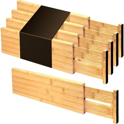 Utoplike Bamboo Drawer Dividers Large, 4'' High Adjustable Kitchen Drawer Organizers for Clothing, Spring Loaded, Works in Bathroom, Bedroom, Dresser, Desk, 4 PCS