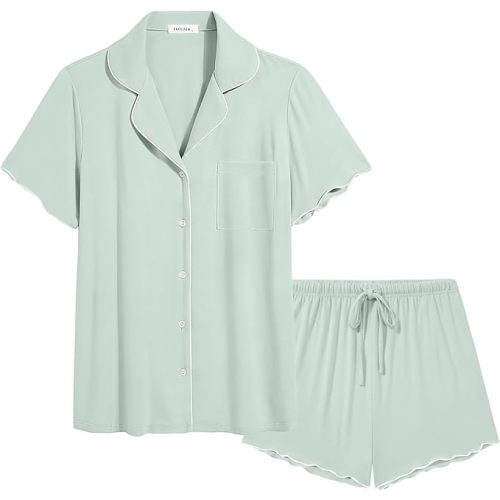 Ekouaer Viscose from Bamboo Women Pajama Sets Button Up Cooling Pjs Short Sleeve Ruffle Sleepwear 2 Piece Lounge Shorts Set