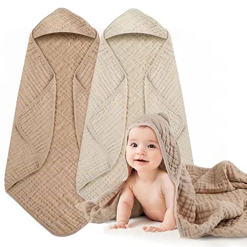 Hooded Baby Bath Towels, 2 Pack Baby Towels with Hood for Newborn, Upgrade High Density 100% Muslin Cotton Baby Towel, Ultra Soft, Highly Absorbent for Infants, Toddlers, Newborn Essential, 32” x 32”