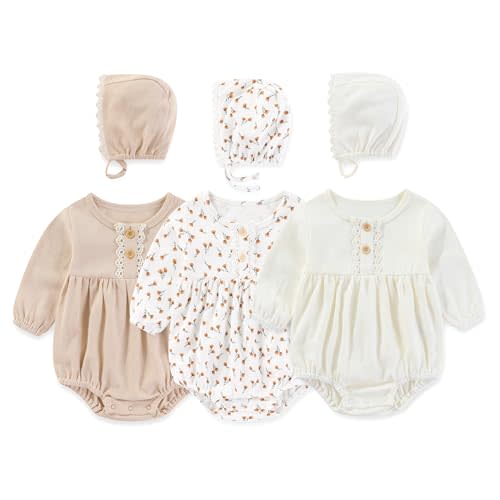 MAMIMAKA Newborn Baby Girl Clothes Cotton Bubble Rompers Infant Outfit Floral Long Sleeve Bodysuit, 3 Pack