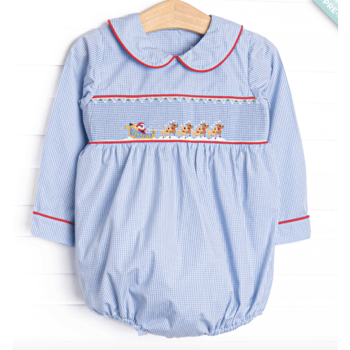 St. Nick's Sleigh Smocked Boy Bubble, Blue