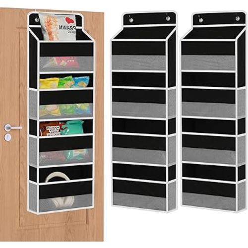2 Pack Over Door Organizer, Over The Door Storage, 4 Shelf Hanging Door Organizer with 6 Mesh Pockets, 35 lbs Capacity Hanging Storage with Clear Window for Bedroom, Bathroom, Dorm, Black