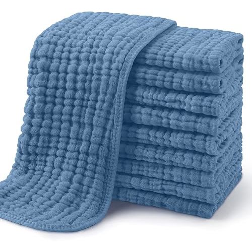 Yoofoss Muslin Burp Cloths for Baby 10 Pack 100% Organic Cotton Baby Washcloths for Boys Girls Large 20''X10'' Super Soft and Absorbent Apricot,Denim Blue
