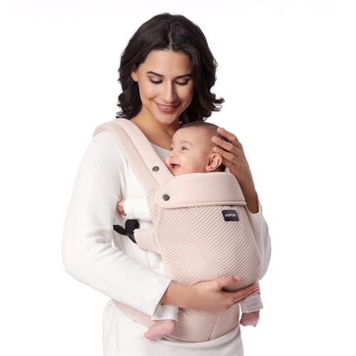 Momcozy PureHug Baby Carrier - Ergonomic, Cozy and Lightweight for 7-45 lbs | Easy to Put On, IHDI Hip-Healthy, 3D EVA Lumbar Support, X-Straps for Even Weight Distribution, Air Mesh Cooling, Pink