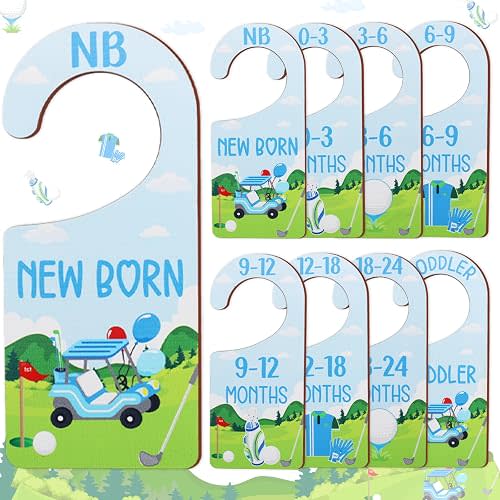 CORNER LACE Baby Closet Dividers 8PCS, Golf Themed Wooden Double-Sided Clothes Size Hanger Organizer from Newborn to Toddler for Nursery Decor Baby Shower Birthday Gift Blue & Green