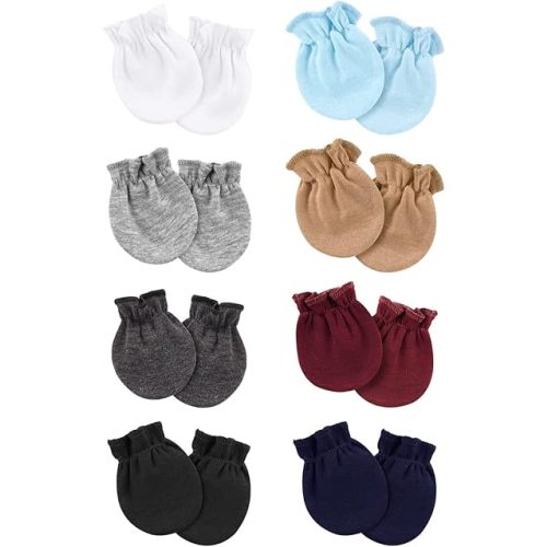 BQUBO Moufles en coton élastique hypoallergénique pour nouveau-né et enfant de 0 à 6 mois, 8 paires : blanc, gris clair, gris, noir, bleu marine, bordeaux, bleu, camel