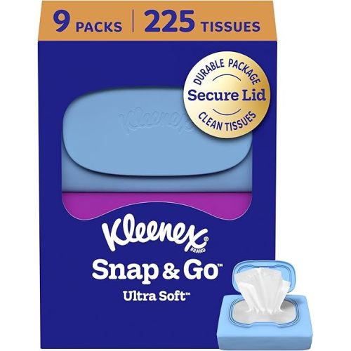 Kleenex Snap & Go Ultra Soft Facial Tissues, 9 On-the-Go Packs, 25 Tissues per Pack, 3-Ply, Packaging May Vary