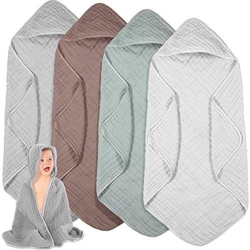 Peryiter 4 Pcs Muslin Hooded Baby Towels, 32"x 32" Cotton Newborn Bath Towel Muslin Infant Baby Blankets Absorbent Unisex Christmas Registry Gift Essentials for Girls Boys (White,Gray,Green,Brown)