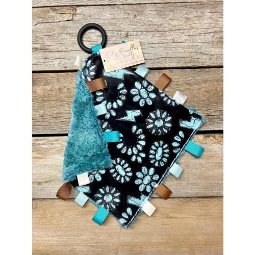 Turquoise Stone on Black Minky Tag Lovey / Mini Blanket / Security Comfort Blanket / Soft Minky Toy / Western Baby / Baby Shower Gift