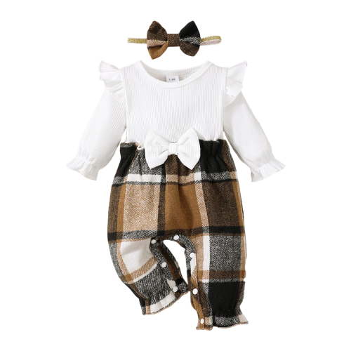 CAICJ98 Newborn Infant Baby Girl Clothes Fall Winter Plaid Long Sleeve Jumpsuit One Piece Romper Bodysuit Baby Overalls Outfits Khaki,Size 1-3 Months