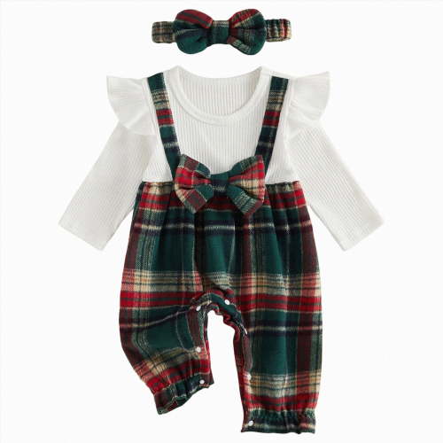 CAICJ98 Newborn Baby Girl Clothes Ruffle Sleeve Jumpsuit Corduroy Plaid Romper+Headband Cute Fall Winter One Piece Outfit (Green,12-18 Months)