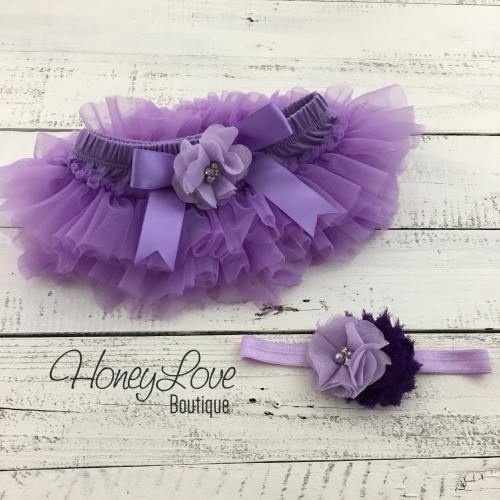 SET Lavender Purple chiffon diaper cover ruffle tutu skirt bloomers pearl rhinestone flower headband bow, newborn infant toddler baby girl