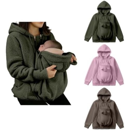 Women Fuzzy Fleece Hoodie Carrier Pouch Zip Up Hooded Warm Winter Jacket