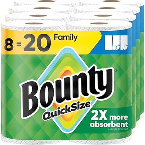 Bounty Quick Size Paper Towels, White, 8 Family Rolls = 20 Regular Rolls