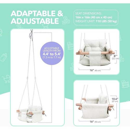 CaTeam - Canvas Baby Swing, Wooden Hanging Swing Seat Chair with Safety Belt, Durable Baby Swing Chair, Outdoor and Indoor Swing for Kids, Mounting Hardware Included, Ivory