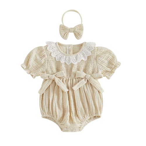 Twopumpkin Baby Girl Summer Clothes Muslin Bubble Romper Short Sleeve Ruffle Smocked Outfit 0 3 6 9 12 18 Month Cute