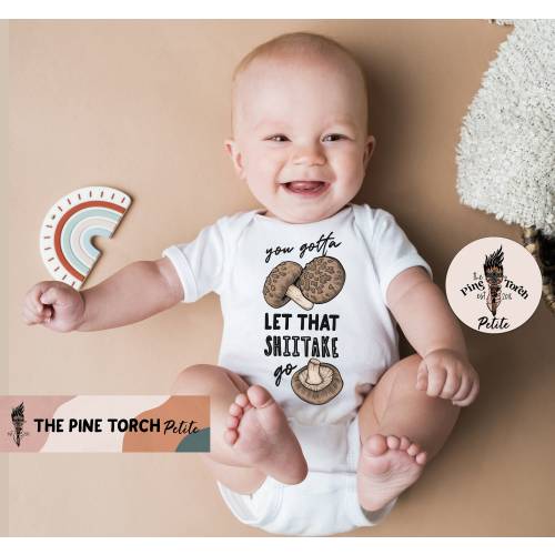 Shiitake mushroom baby Bodysuit, let that shiitake go baby clothes, mushroom fungi kids shirt, retro mushroom baby tee, farmers market