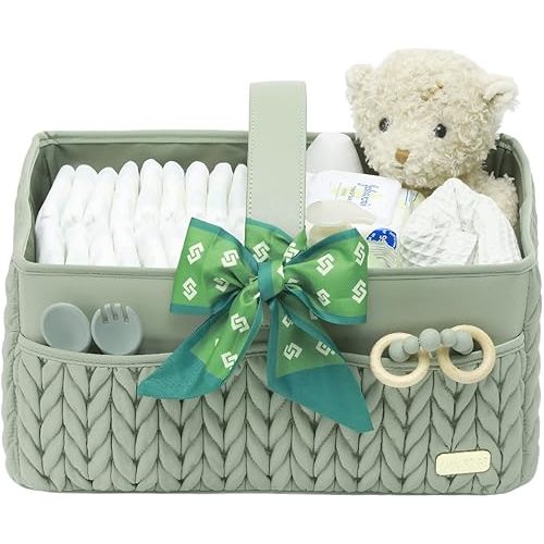 Luxurious Baby Diaper Caddy, Nursery Storage Basket for Newborn Essentials, Travel Baby Basket for Diapers Baby Wipes, Organizer Tote Bag Storage Bin, Baby Shower Gifts(Sage Green)