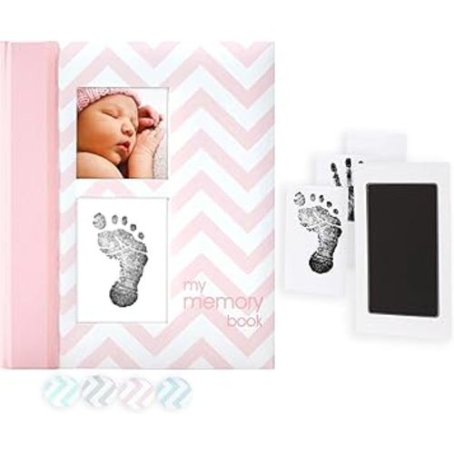 Pearhead Baby Memory Book, First 5 Years Baby Milestone Book, Pregnancy Journal, Gender Neutral Newborn Keepsake, With Clean-Touch Ink Pad For Baby's Handprint or Footprint, Pink Chevron